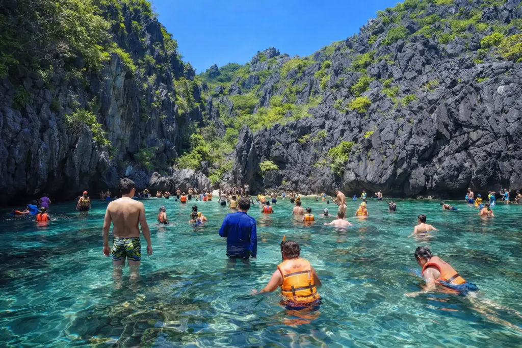 Scène de baignade à El Nido, Philippines, entouré de falaises calcaires, avec de nombreux visiteurs dans l’eau peu profonde.