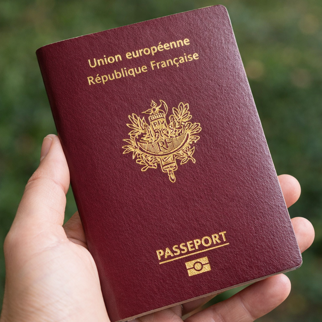 Passeport français tenu dans une main